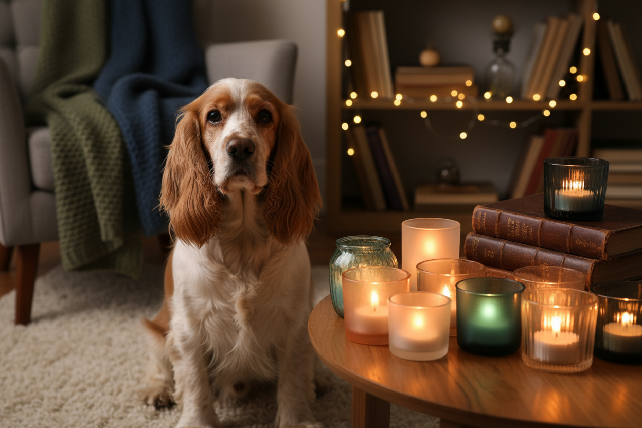 Cocker Spaniel with tealight candles